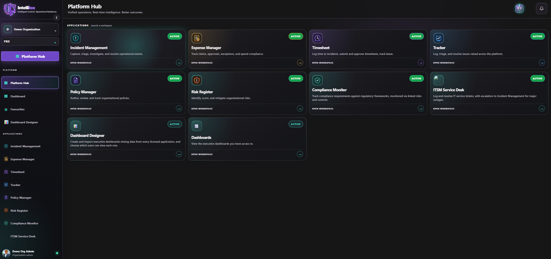 Platform Hub Demo Organization showing the available operational application workspaces