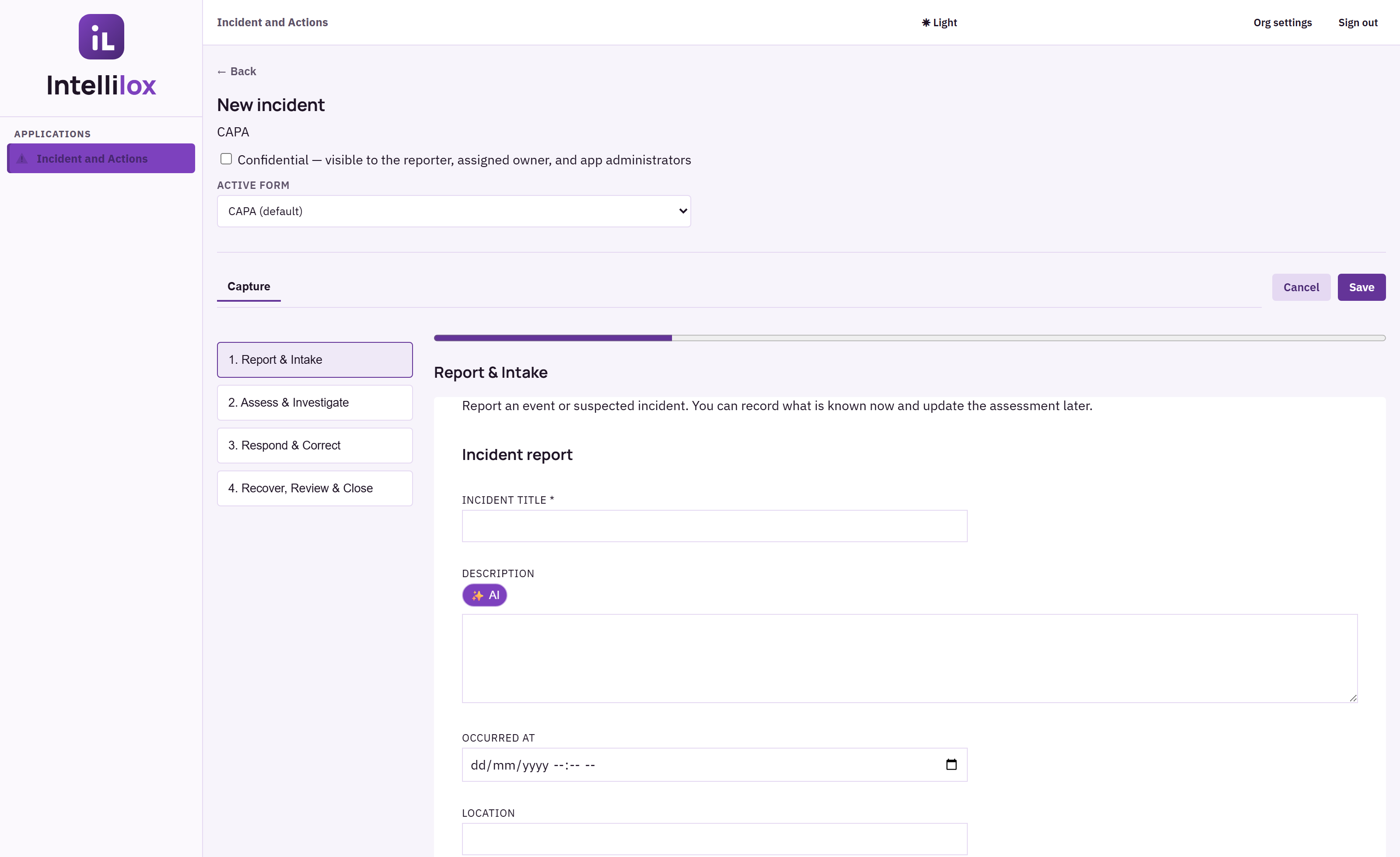 Default CAPA form Report and Intake page with AI rewrite on description