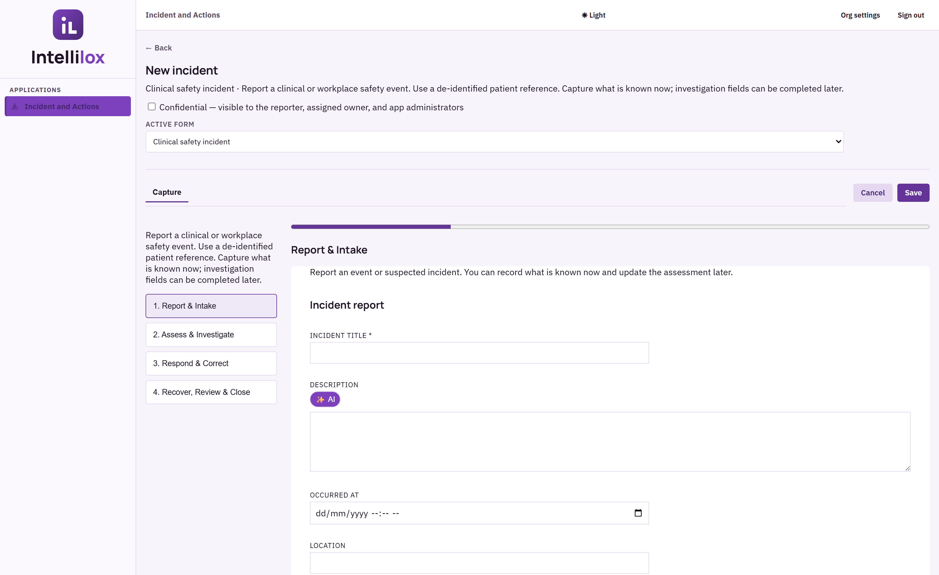 Clinical safety incident form with department and harm level fields