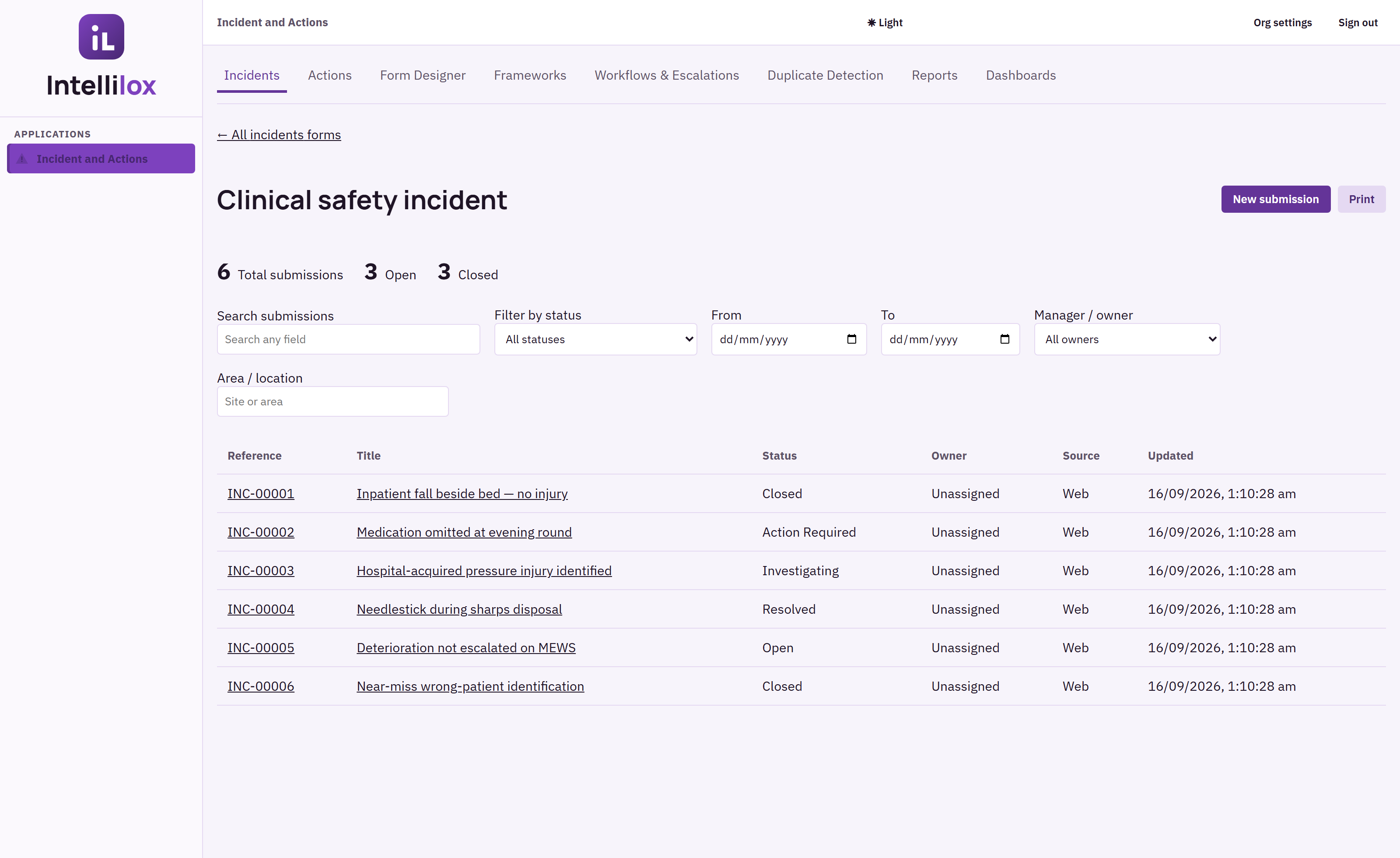 Harbour Health Network clinical safety incident register