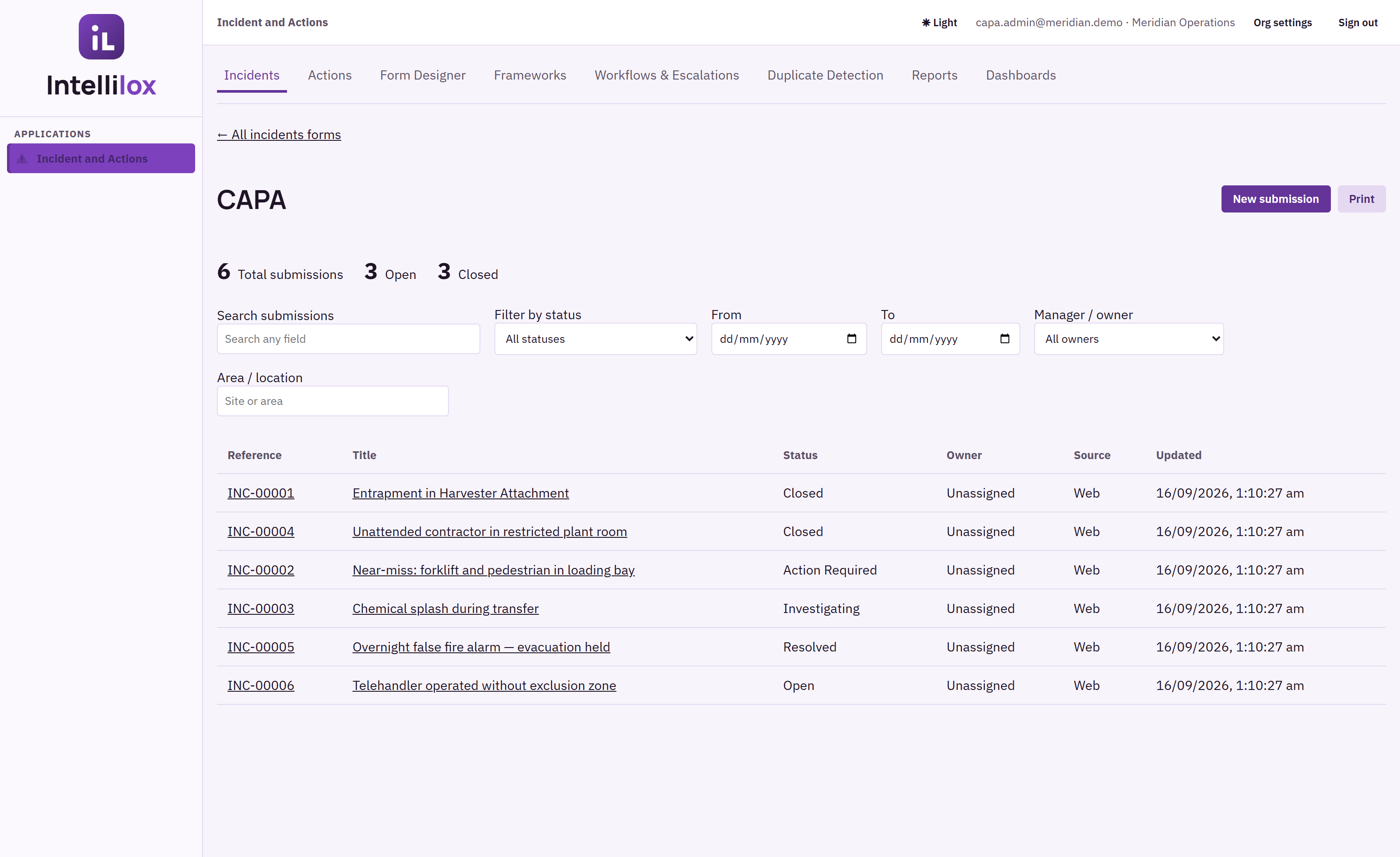 CAPA incident register with open, investigating, and closed records