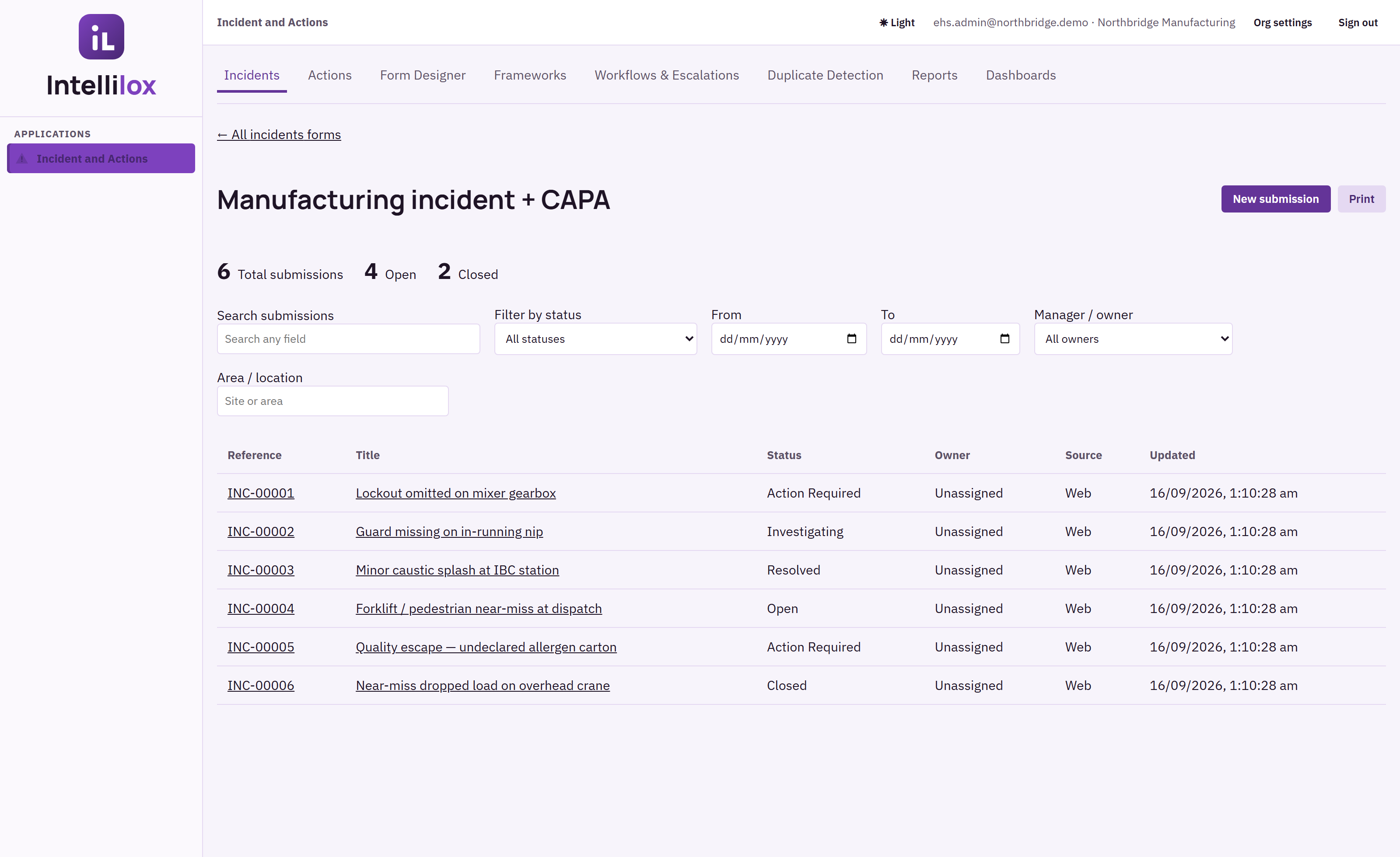 Northbridge Manufacturing incident and CAPA register
